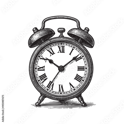 Vintage alarm clock woodcut engraving vector illustration
