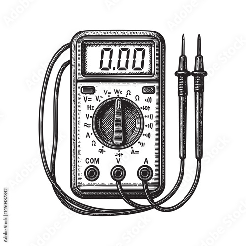 Digital multimeter woodcut engraving vector illustration