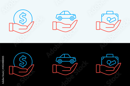 Set line Travel suitcase in hand, Money with shield and Car insurance icon. Vector