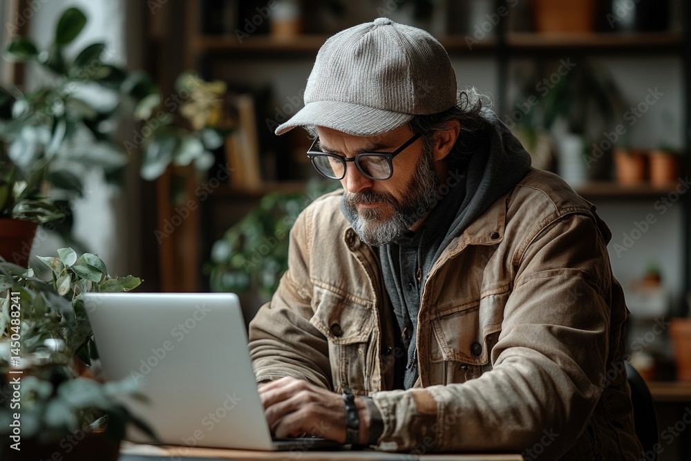 Focused Professional Working on Laptop Amidst Indoor Plants Cozy Workspace Modern Lifestyle Intimate View