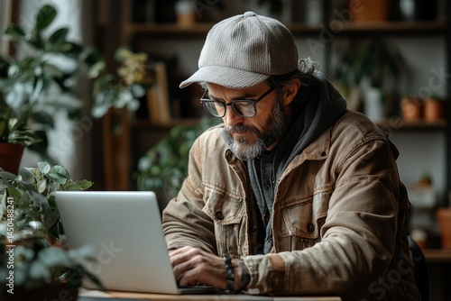 Obraz na płótnie Focused Professional Working on Laptop Amidst Indoor Plants Cozy Workspace Modern Lifestyle Intimate View w salonie