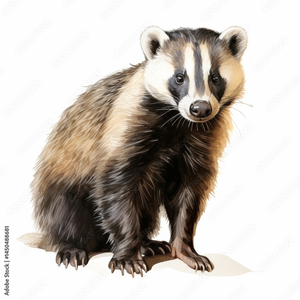 Wild Badger watercolor style on white background