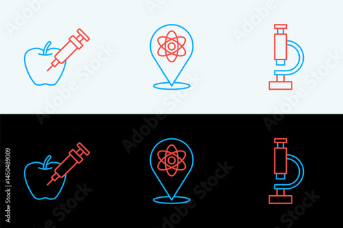Set line Microscope, Genetically modified apple and Atom icon. Vector