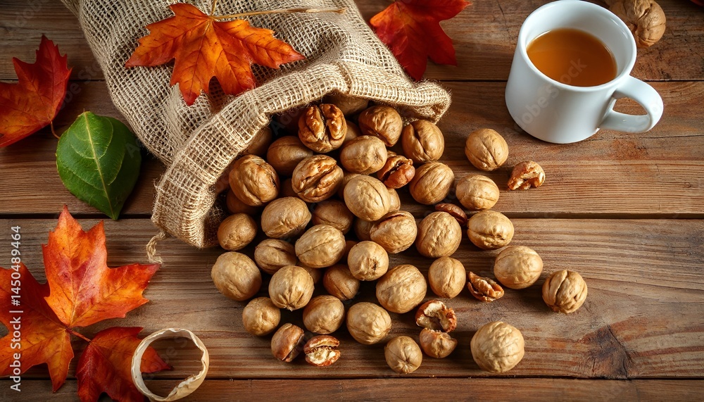 Harvested walnuts spilling from burlap sack with autumn leaves and cup of tea