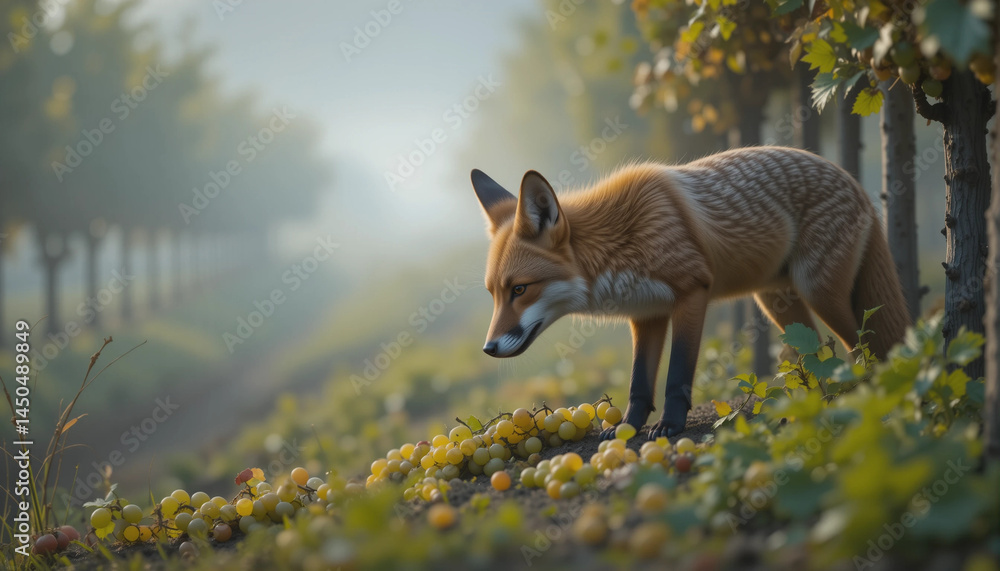 Fox exploring vineyard rows in the early morning fog