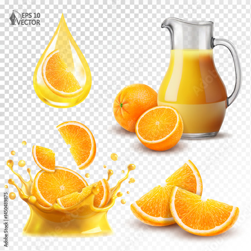 Vector realistic oranges set isolated on white background. Freshly squeezed juice in glass jug. Natural citrus fruits. Transparent orange juice splash. Food illustration, packaging design element