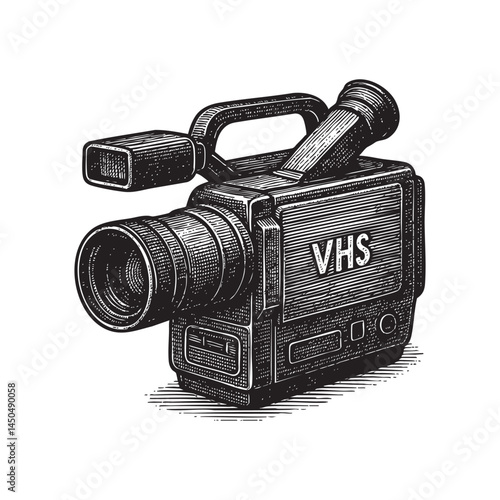 Old camcorder woodcut engraving vector illustration