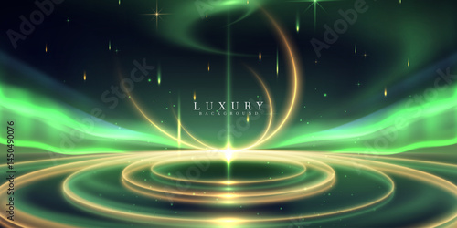 Green glowing northern lights scene on night sky decorated with golden light effects and stars. Luxury style vector illustration background design concept.
