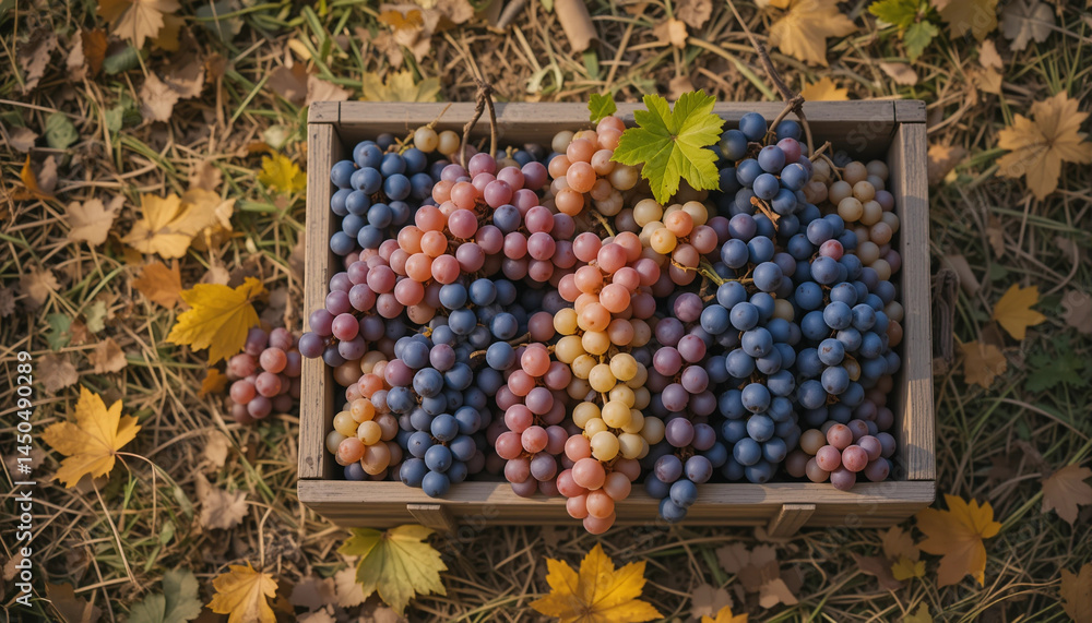 Basket of freshly picked grapes on the ground surrounded by autumn leaves