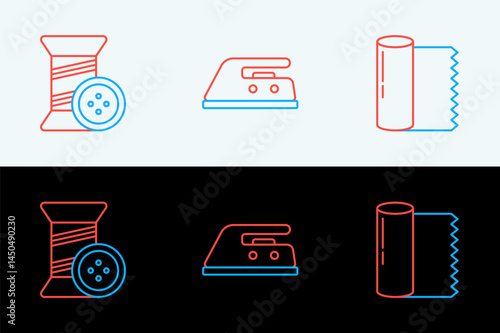 Set line Textile fabric roll, Sewing thread and button and Electric iron icon. Vector
