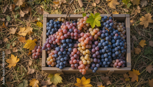 Basket of freshly picked grapes on the ground surrounded by autumn leaves