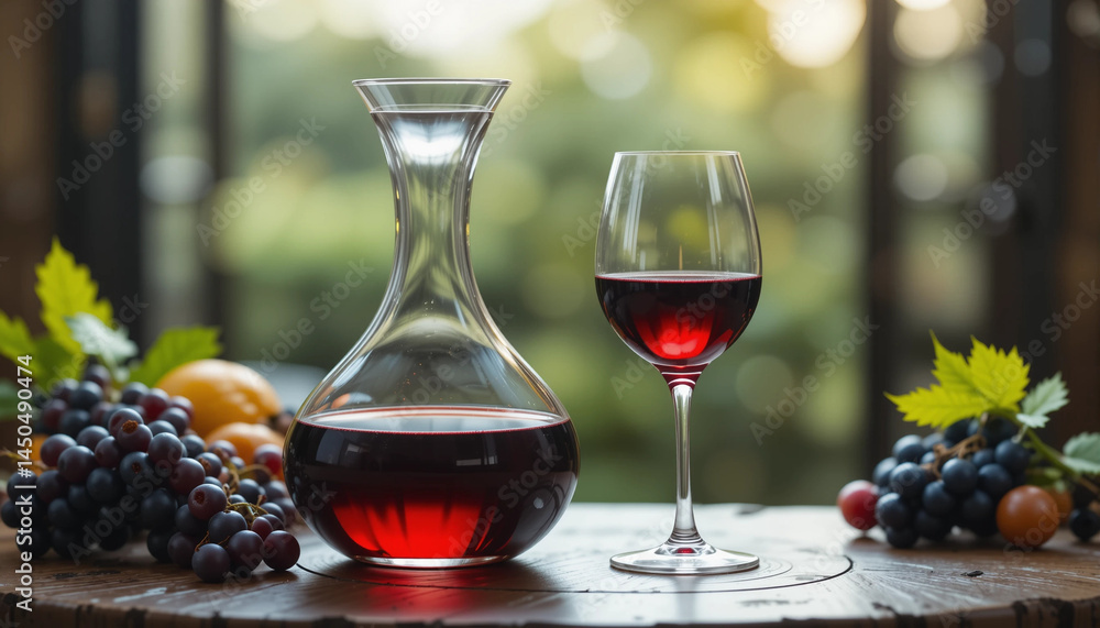 Young red wine in decanter and glass with fresh grapes on wooden table