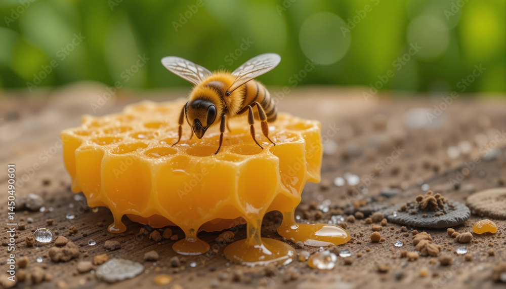 Bee on honeycomb with fresh honey droplets in natural setting