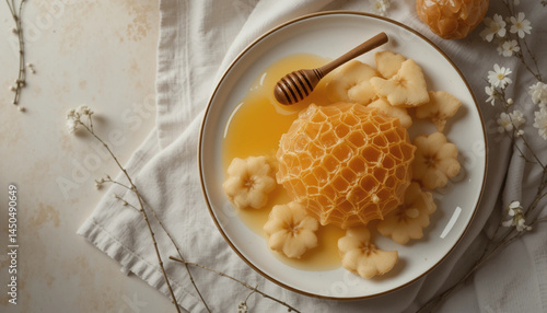 Obraz na płótnie Honeycomb with drizzled honey and soft fruits on elegant plate
w salonie