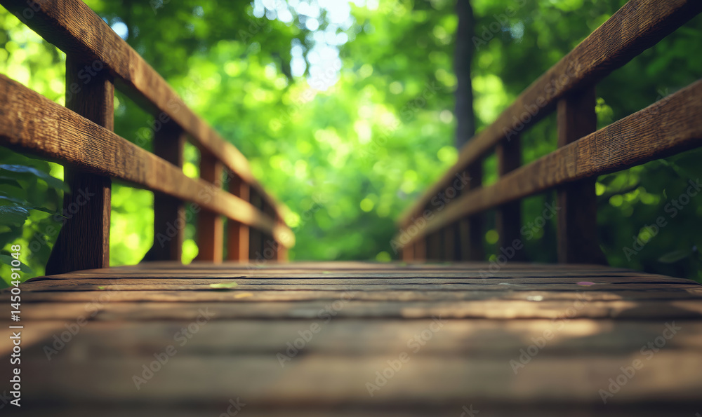 Fototapeta premium Wooden bridge leading through lush green forest with soft sunlight filtering.