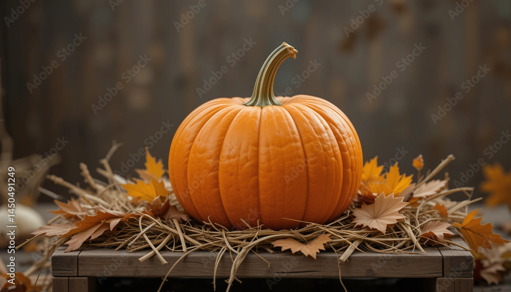 Bright orange pumpkin displayed on hay with autumn leaves