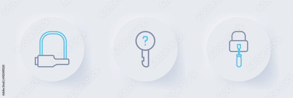 Set line Lock picks for lock picking, Undefined key and Bicycle icon. Vector Set line Lock picks for lock picking, Undefined key and Bicycle icon. Vector