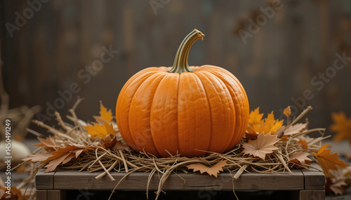 Obraz na płótnie Bright orange pumpkin displayed on hay with autumn leaves w salonie