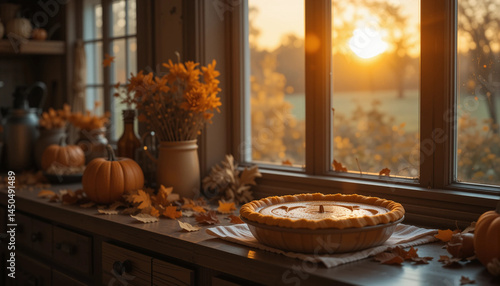 Autumn pumpkin pie on kitchen countertop with sunset view and decorations