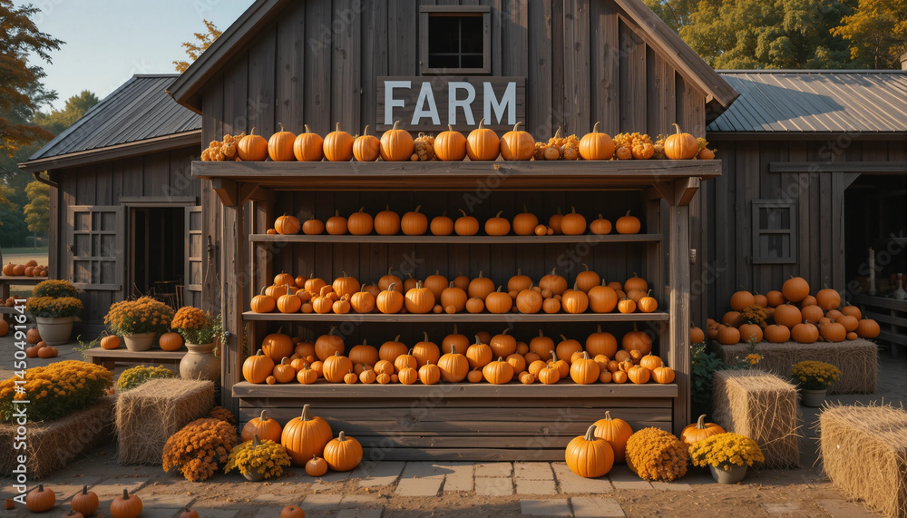 Farm stand displaying vibrant pumpkins and seasonal flowers in autumn
