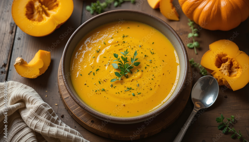 Delicious pumpkin soup served in bowl with fresh herbs on wooden table