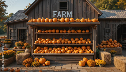 Obraz na płótnie Farm stand displaying vibrant pumpkins and seasonal flowers in autumn w salonie