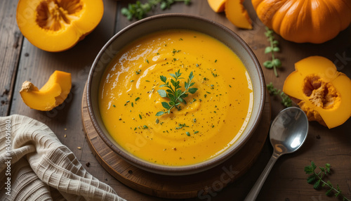 Obraz na płótnie Delicious pumpkin soup served in bowl with fresh herbs on wooden table w salonie