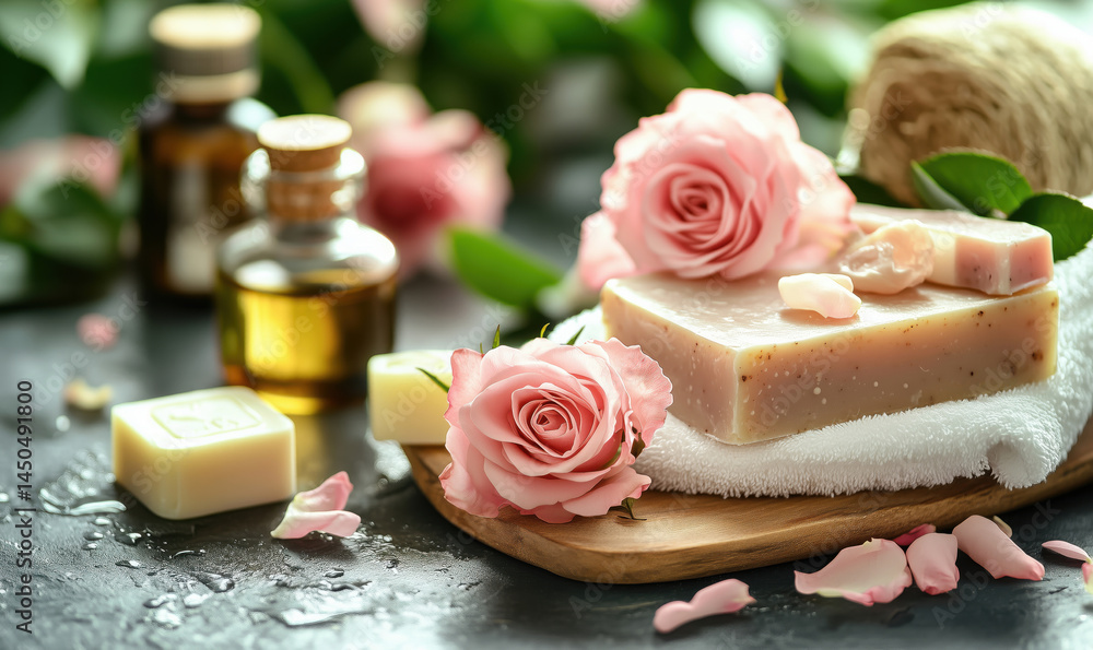 Natural handmade soap with roses and essential oils on wooden tray. Natural handmade soap with roses and essential oils on wooden tray.