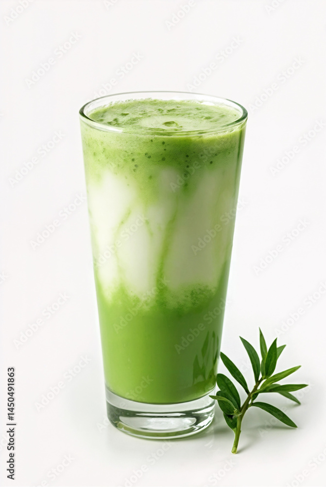 Homemade ice matcha latte green tea. a glass of white and green creamy cold drink of milk and matcha green tea isolated on white with bamboo leafs as background, copy space. Homemade ice matcha latte green tea. a glass of white and green creamy cold drink of milk and matcha green tea isolated on white with bamboo leafs as background, copy space.