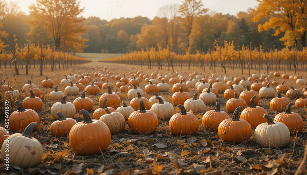 Abundant pumpkin harvest in field with vibrant autumn colors