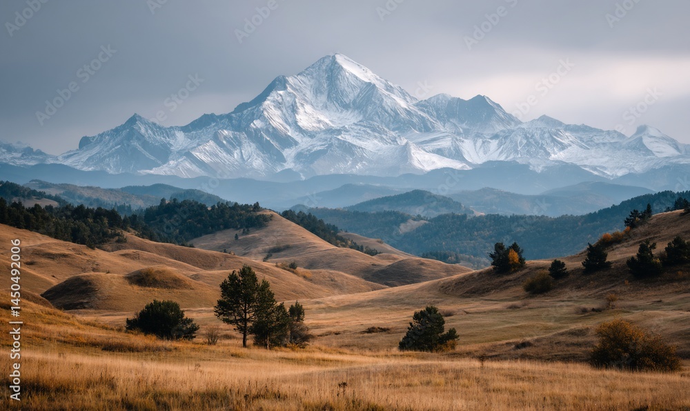 Fototapeta premium Majestic snow-capped mountain range over golden autumnal valley landscape. Possible use Stock photo for travel, nature, or scenic backgrounds
