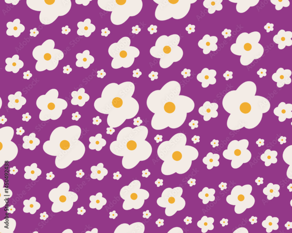 A purple background is covered with a variety of white flowers, each featuring a yellow center. Smaller flowers with yellow centers and white petals are scattered throughout the design. A purple background is covered with a variety of white flowers, each featuring a yellow center. Smaller flowers with yellow centers and white petals are scattered throughout the design.