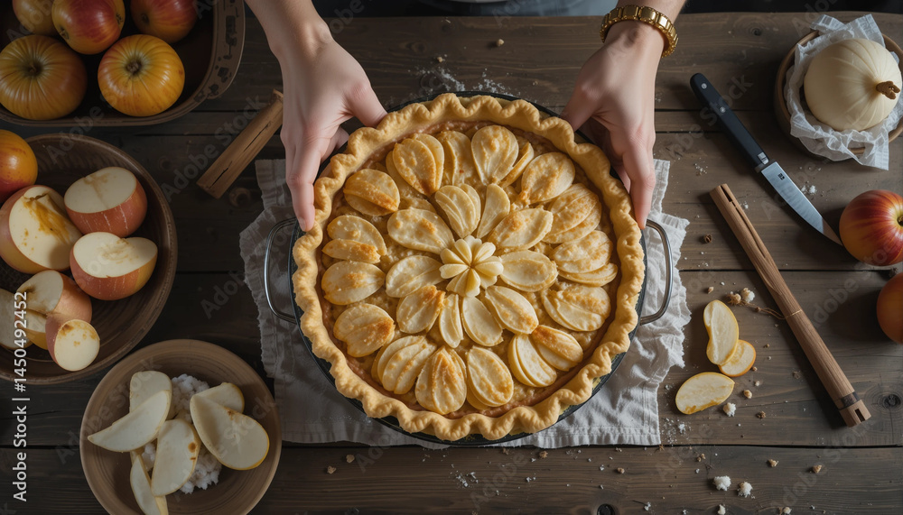 Homemade apple pie beautifully arranged on rustic wooden table
