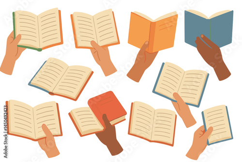Multiple hands holding open books in a flat vector illustration showcasing diverse individuals reading indoors