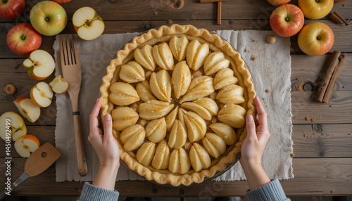 Autumn apple pie decorated with fruit and spices on wooden table