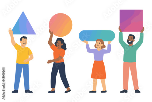 Group of diverse individuals holding colorful geometric shapes in a cheerful outdoor gathering during a sunny day