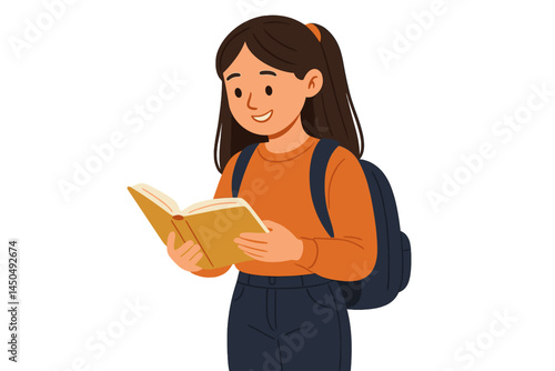 Young student reads a book while standing outside in casual clothes with a backpack during daytime