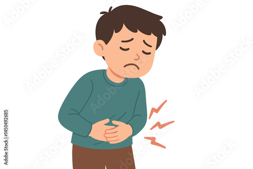 Child experiencing stomach pain while holding his abdomen in a flat vector illustration