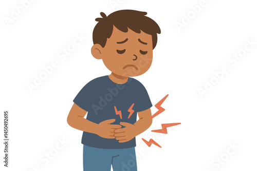 Boy with stomach pain showing discomfort in flat vector illustration style