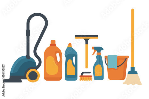 Cleaning supplies arranged for efficient home maintenance and organization during spring cleaning activities