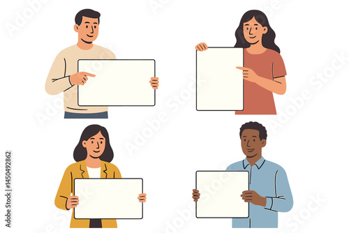 Diverse group of people showcasing blank signs for communication in a flat vector illustration setting