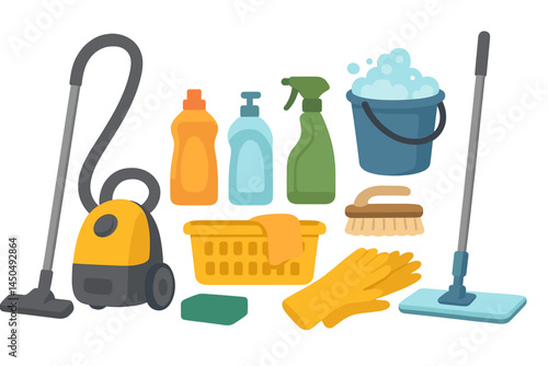 Cleaning supplies arranged for home tidying with vacuum cleaner, sponges, and detergents for effective chores