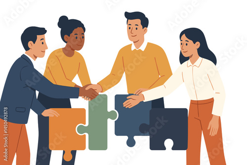 Team collaboration in a flat vector illustration showing four individuals working together to fit puzzle pieces during a brainstorming session