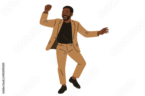 Man in beige suit dancing joyfully in a vibrant setting during a lively celebration or party atmosphere