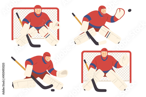 Competitive hockey goaltender making saves during an exciting match in a modern arena setting