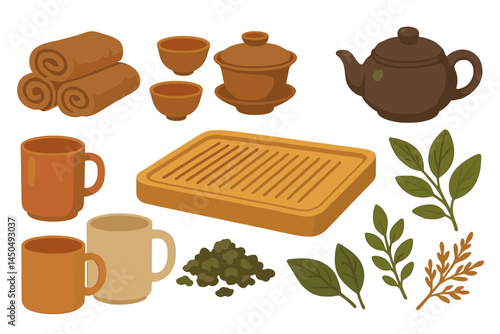 Flat vector illustration depicting a traditional tea ceremony setup with various teacups, teapot, and tea leaves