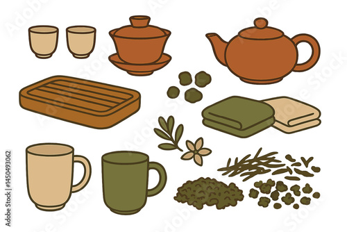 Flat vector illustration of tea brewing process with teapot, cups, and herbs on a wooden tray
