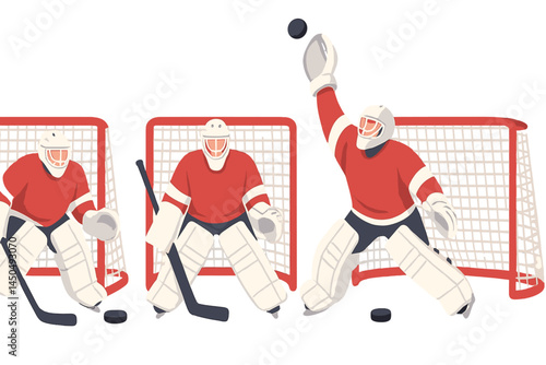 Dynamic hockey goalkeeping in action during a game in a flat vector illustration showcasing skill and teamwork