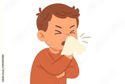 Child sneezing and using tissue in flat vector illustration showing common cold symptoms and home remedy actions