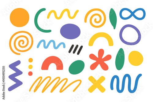 This artwork displays a lively arrangement of colorful abstract shapes and patterns